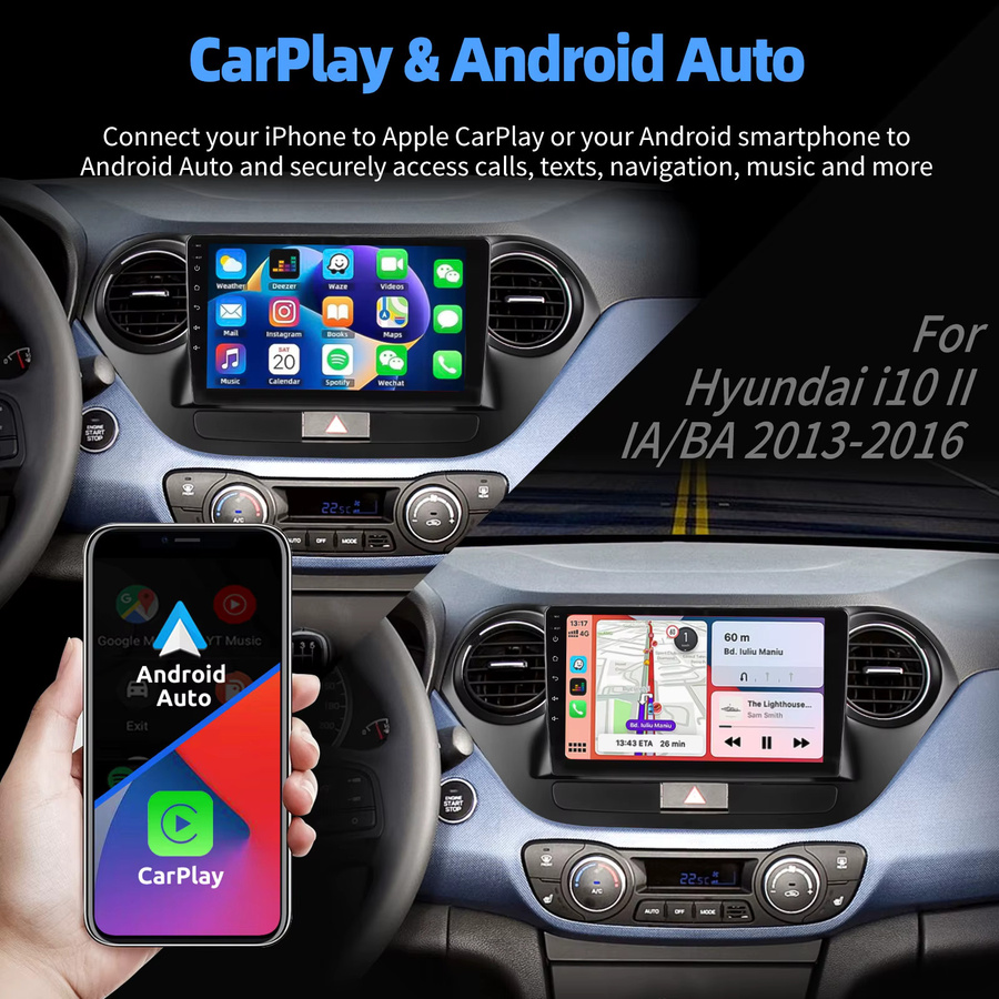 ESSGOO Android 15 Autoradio mit 9 Zoll IPS Touchscreen für Hyundai i10 BA 2013-2019 inklusive Apple CarPlay, Android Auto, GPS, WLAN, Bluetooth und Lenkradfernbedienung in Schwarz - Bild 3