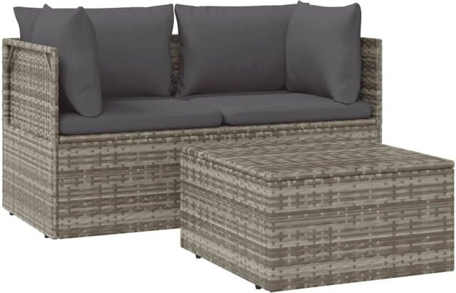 vidaXL 3-tlg Garten-Lounge-Set in Grau aus Poly Rattan mit Kissen und Ottoman im L-Shape Design - Bild 1