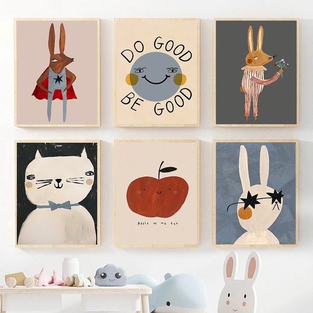 Potdemiel Wandkunst Leinwandmalerei mit Cartoon Kaninchen und Bär im Nordic Design für Kinderzimmer, Mehrfarbig - Bild 1