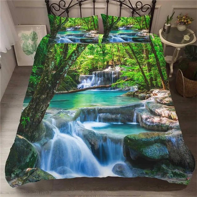 Bettwäsche-Set Wasserfall Naturlandschaft von Your Warm Home mit Steppdeckenbezug und Kissenbezügen, Mehrfarbig, Polyester, B/H: 133 x 70 cm, B/H: 70 x 50 cm - Bild 1