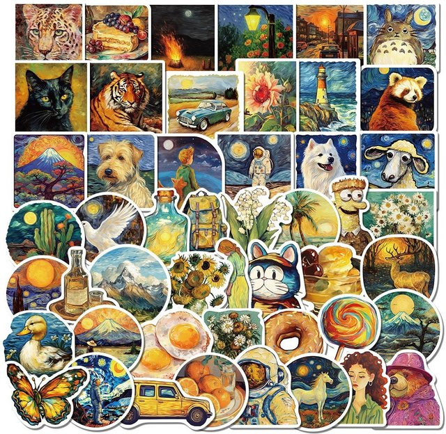 50-teiliges Set Kunstaufkleber im Van-Gogh-Stil, bunte Ölgemälde-Dekorationsaufkleber aus Papier von YourLife Store - Bild 1