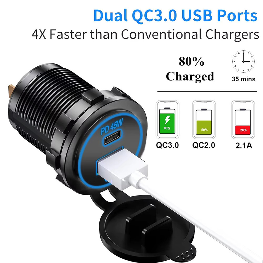 Kebidumei USB Autoladegerät mit PD & QC 3.0 Schnellladung, 60W, Schwarz, Wasserdicht für Auto, Motorrad, LKW und Boot - Bild 4