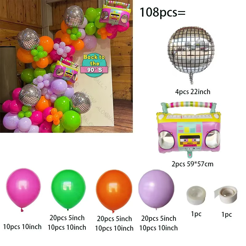 108 Stück Retro Party Ballon Girlande Set im 80er und 90er Jahre Stil mit 4D Radio Ballons in Multicolour für Hip Hop und Rock Dekorationen - Bild 2