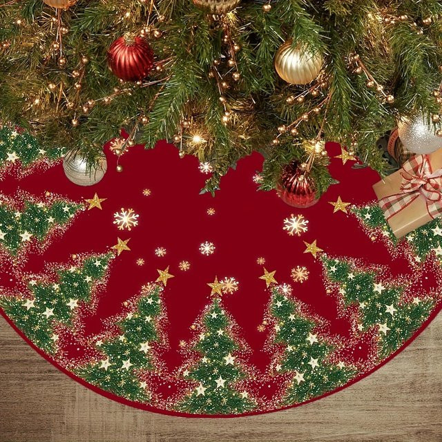 VIKAMA Weihnachtsbaumrock mit Weihnachtsbaummuster in Rot, runde Textil-Dekoration für deine Winterkollektion - Bild 1