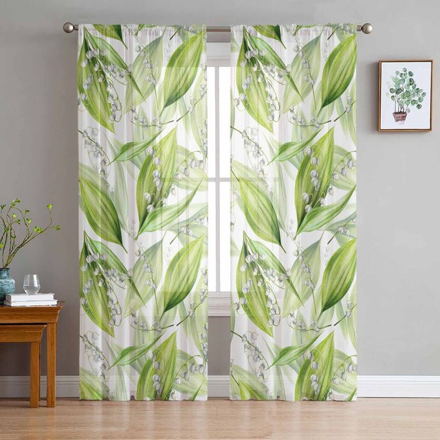 Transparente Maiglöckchen Aquarell Vorhänge aus Tüll Voile in Beige und Grün für dein Wohnzimmer oder die Küche, Breite: 135 cm, Höhe: 115 cm - Bild 1
