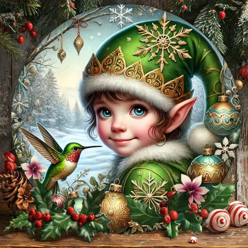 Rundes Metallschild HELLOYOUNG Weihnachtself und Kolibri in Vintage-Optik als Wanddekoration, Durchmesser: 20 cm, Mehrfarbig - Bild 2