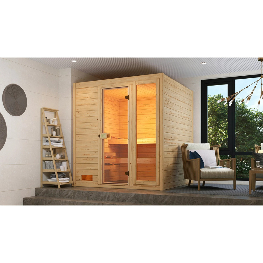 Weka Massivholzsauna Valida Plus in Beige mit 9 kW Ofen, integrierter Steuerung und Glasfront, H x B x T: 189 x 203,5 x 172 cm - Bild 2