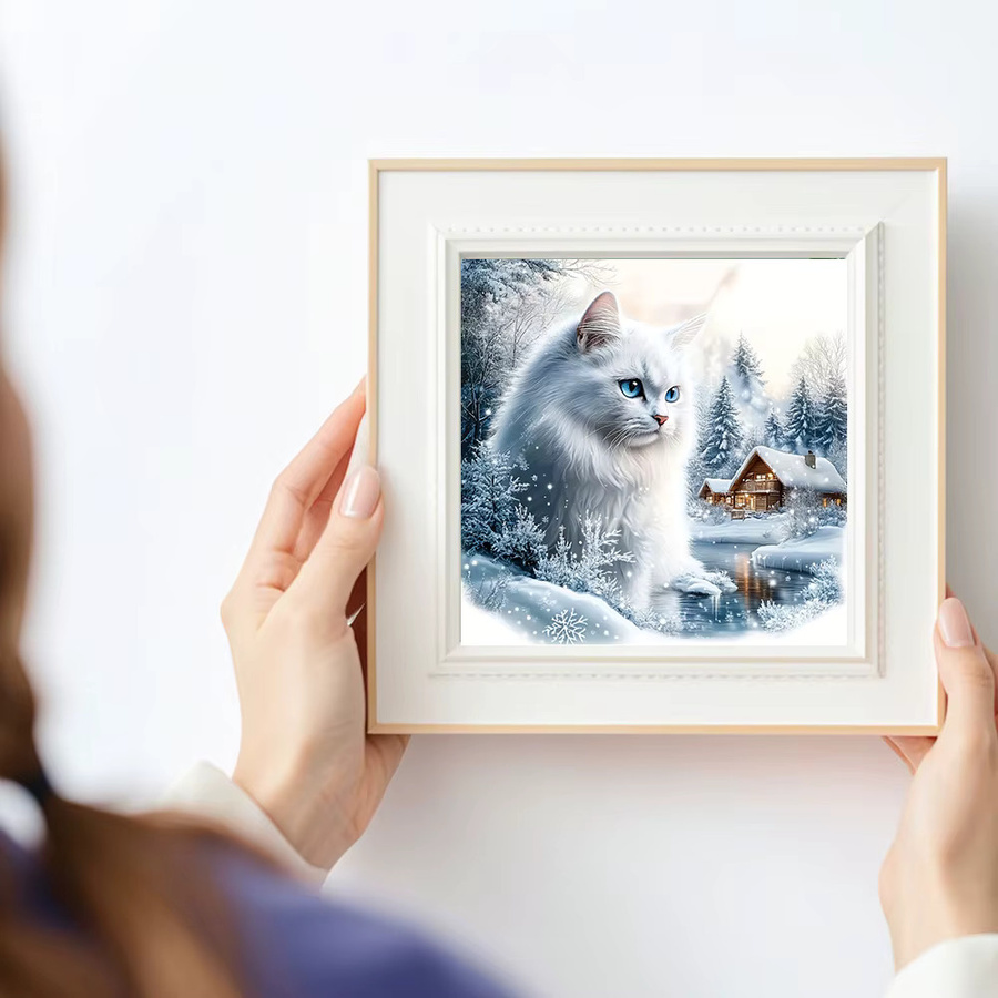 Huacan DIY Diamantmalerei Set Katze in Winterlandschaft mit runden Steinen, Dekorative Wandillustration für Erwachsene, Breite: 20 cm, Höhe: 20 cm - Bild 2