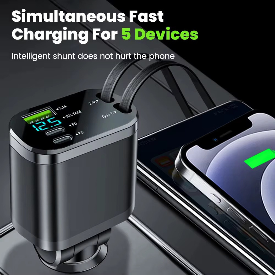 5-in-1 Einziehbares Autoladegerät mit USB Typ C PD und Schnellladefunktion für iPhone und Samsung, Zigarettenanzünder-Adapter in Schwarz - Bild 4