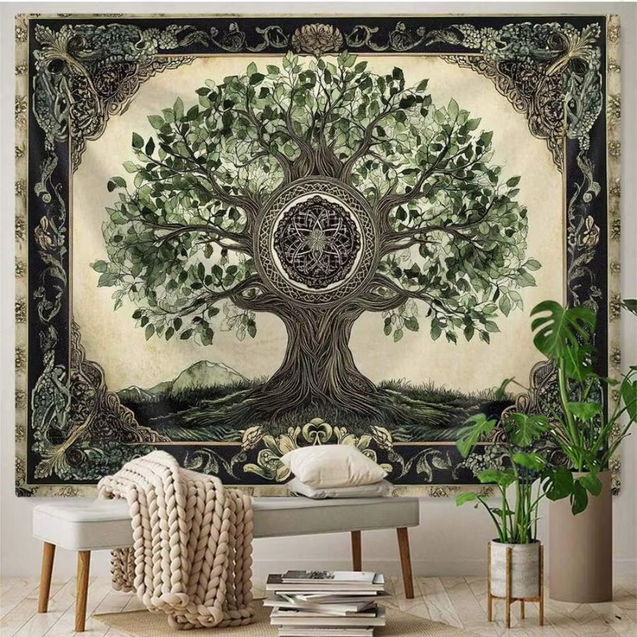 VIKAMA Vintage Life Tree Wandteppich in Multicolour mit Boho-Design und floraler Illustration für deine Heimdekoration - Bild 2