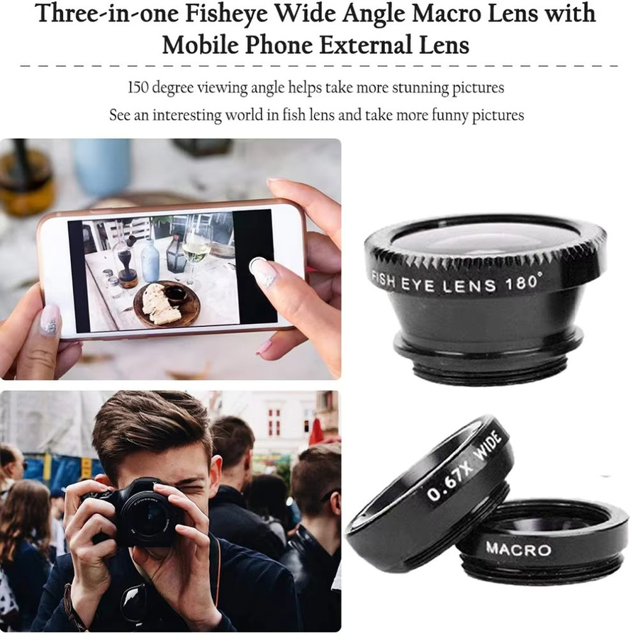 Maerknon 3-in-1 Fischaugen-Objektiv Set mit Clip und 0,67x Weitwinkel-Zoom für iPhone 16, Xiaomi und Huawei in Schwarz und Blau - Bild 3