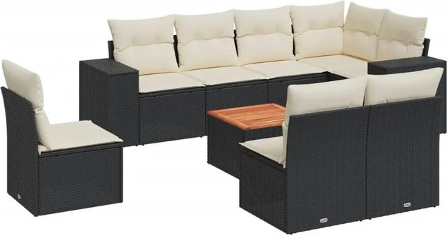 vidaXL 9-tlg Garten-Sofagarnitur in L-Form aus Polyrattan und Akazienholz mit Kissen, Schwarz - Bild 1