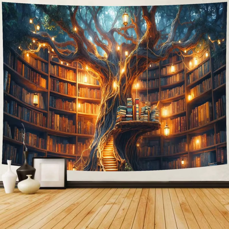 VIKAMA Fantasy Library Wandteppich mit magischem Bücherregal in Multicolour, Vintage Wanddekoration im abstrakten Stil, Breite: 90 cm, Höhe: 60 cm - Bild 2