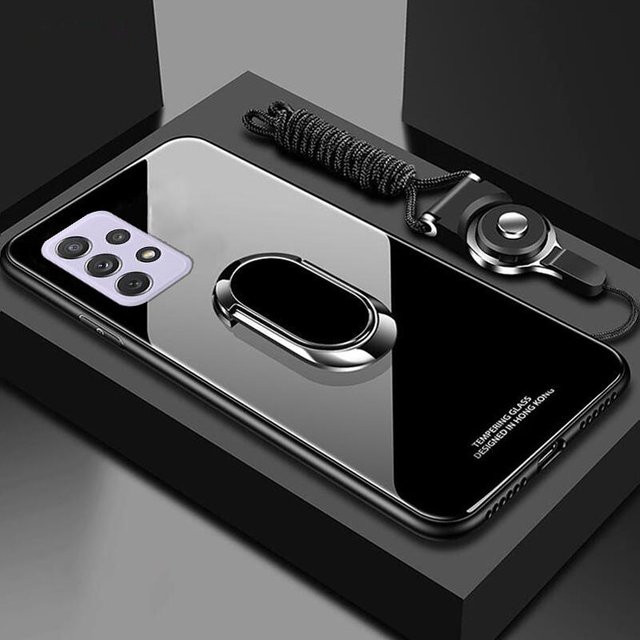 Samsung Handyhülle aus gehärtetem Glas mit Magnetringhalter, Ständer und Lanyard für Galaxy A53 5G A73 A33 A13 A03S A22 A52 A32 A42 A51 A71 A72 A12 5G, Schwarz - Bild 1