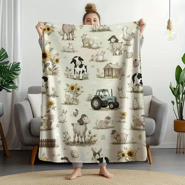 JMG Household Supplies Flanelldecke mit Vintage Bauernhoftier- und Traktormuster, weiche Fleece-Überwurfdecke in Beige, B/B: 130 x 150 cm - Bild 1