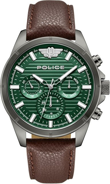 Police Herrenuhr Malawi, Quarz, Edelstahl, Leder, Grün, 45 mm - Bild 1