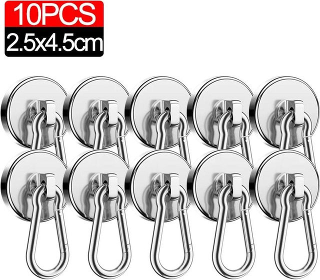 10er Set Hochleistungs-Neodym-Magnethaken mit drehbarem Karabinerhaken in Silber aus Stahl - Bild 1