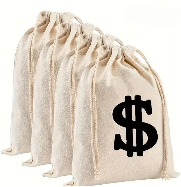 5er Pack Leinen-Geldbeutel mit Dollarzeichen in Weiß und Beige als Partyrequisite und Kostümzubehör - Bild 1