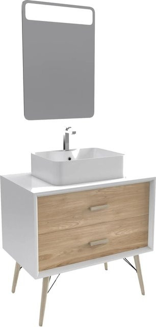 Aurlane Waschbeckenunterschrank FJORD in Weiß matt mit Holzoptik, Breite: 80 cm, Höhe: 75 cm - Bild 1