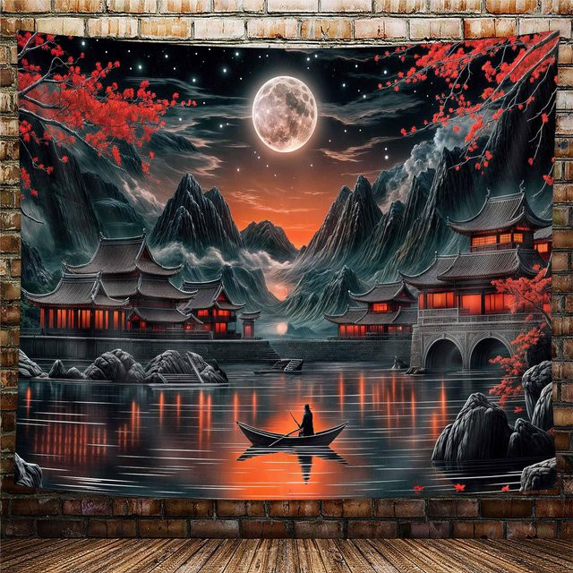 Japanischer Anime Wandbehang von JMG Household Supplies mit Natur- und Kirschblüten-Motiv in Rot und Schwarz, Breite: 70 cm, Höhe: 100 cm - Bild 1