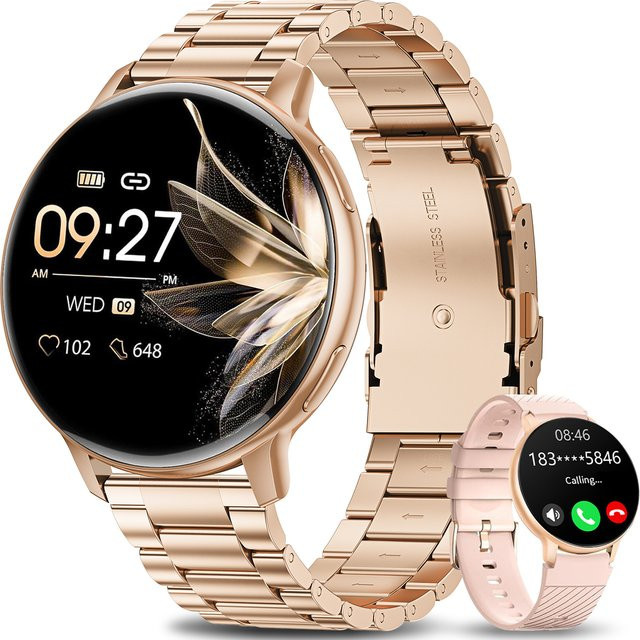 LIGE Smartwatch für Damen mit Bluetooth-Anruffunktion, Fitness-Tracker und anpassbarem Zifferblatt, kompatibel mit Android und iOS, Schwarz/Gold - Bild 1