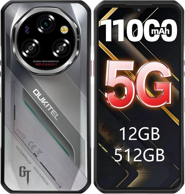 Oukitel WP62 5G Smartphone mit 512 GB Speicher, 12 GB RAM, 11000 mAh Akku, 6.58 Zoll Display und 108 MP Kamera in Silber mit Android 15 - Bild 1