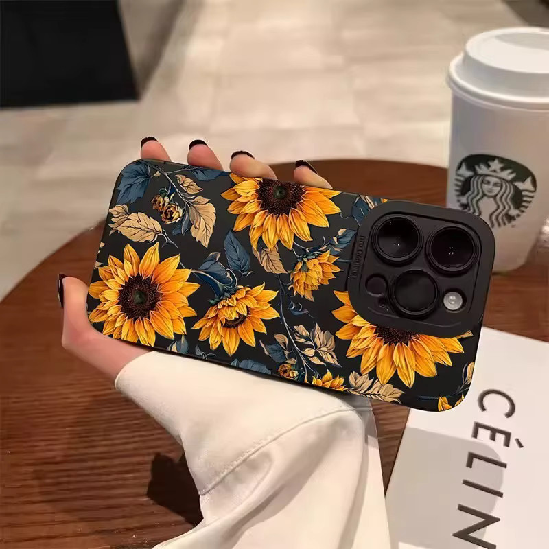 Anti-Drop Schutzhülle im Sonnenblumen-Design für Apple iPhone 17, 16, 15 Pro Max Plus Serie in Schwarz und Mehrfarbig - Bild 2