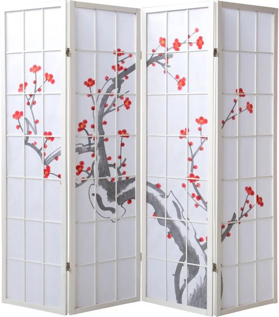 Homestyle4u 4-tlg. Paravent in Weiß mit Kirschblüten-Motiv aus Holz und Reispapier, H x B: 175 x 175 cm - Bild 1