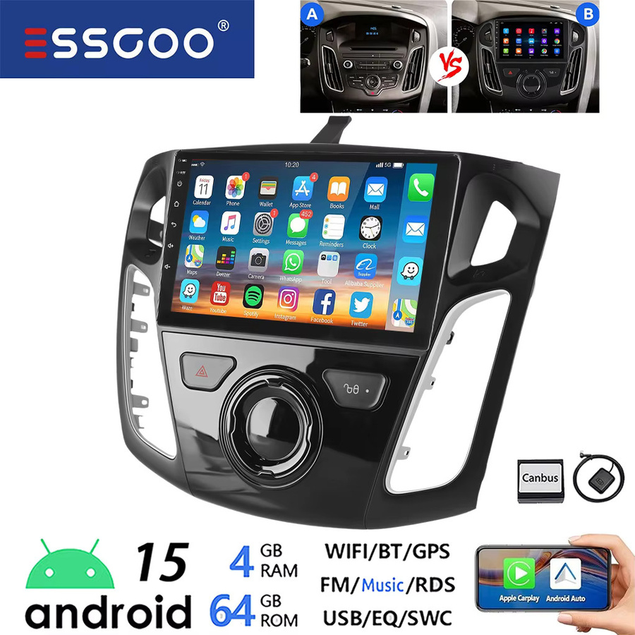 ESSGOO Android 15 Autoradio mit 9 Zoll IPS Touchscreen für Ford Focus MK3 2011-2018, GPS, CarPlay, Android Auto, Bluetooth, WiFi und Lenkradfernbedienung, Schwarz - Bild 6