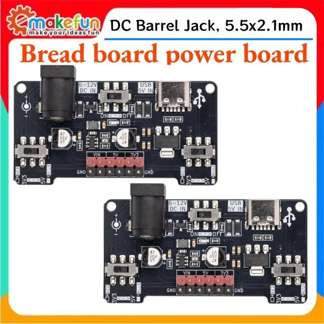 Emakefun Dual-Input-Breadboard-Stromversorgungsmodul in Schwarz mit 6-12 V DC, Typ-C-Schnittstelle und 2,1 x 5,5 mm Klinkenstecker sowie separat gesteuerten 3,3-V- und 5-V-Ausgangsreglern - Bild 1