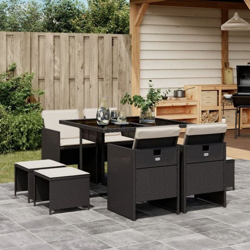Vidaxl 9-teiliges Gartenmöbel-Set aus Polyrattan in Schwarz mit beigen Kissen - Bild 1