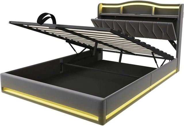 PXloue Polsterbett aus Samt mit LED-Beleuchtung und USB-Ladefunktion für Jugendliche, B/T/H: 140 x 200 x 105,5 cm - Bild 1