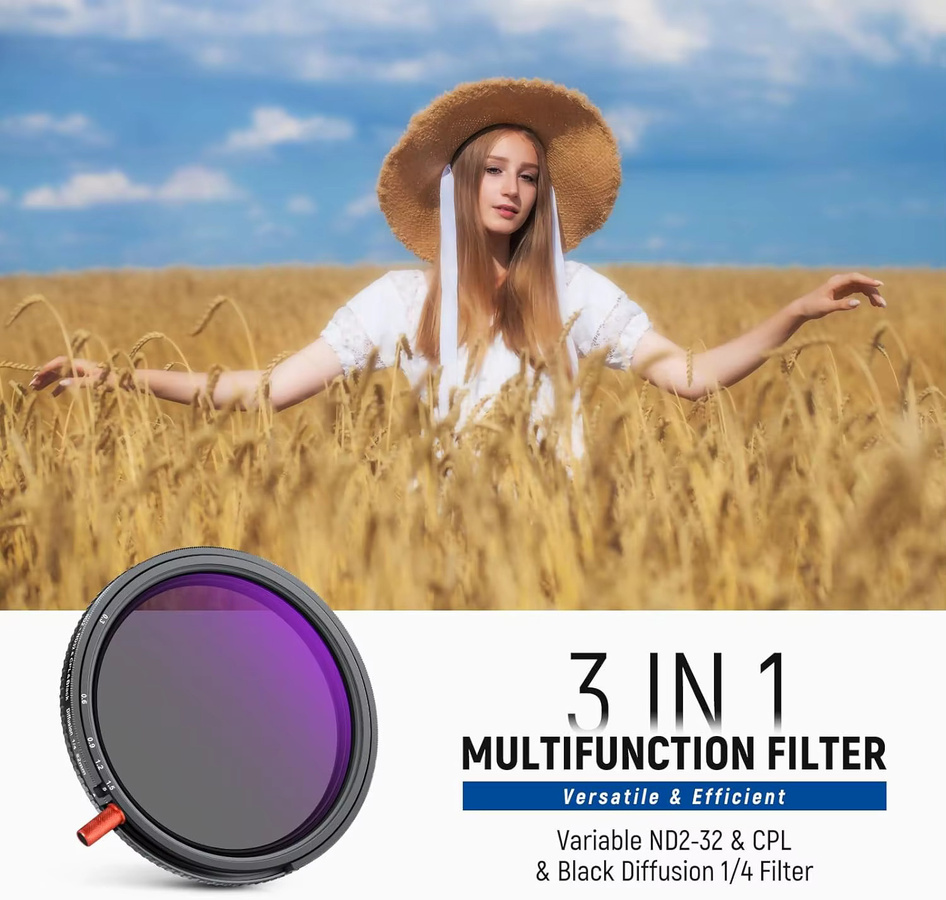 NEEWER 3-in-1 Kameraobjektiv-Filter ND2-32 variabler ND-Filter, CPL und schwarze Diffusion in Schwarz mit HD-Glas - Bild 2