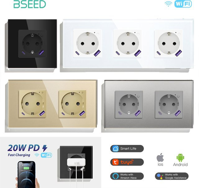BSEED EU Standard Wifi Smart Steckdose mit 20W USB Typ-C Port, Power Monitor und Timing Funktion, Tuya Alexa Smart Home Control, 16A - Bild 1