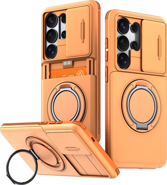 Panzerhülle für Samsung Galaxy S26 S25 S24 S23 S22 Ultra Plus S25FE S24FE mit Schiebe-Kameraschutz, Ringhalter und Kartenfach in Grün und Orange - Bild 1