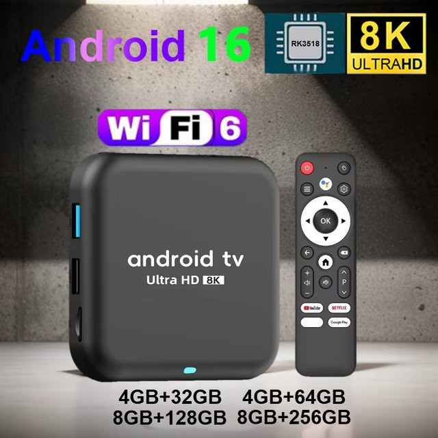 Android 16 TV-Box Q18 mit RK 3518 Prozessor, 8K Auflösung, WiFi 6, Bluetooth 5.4, HDR10+, Media Player für Netflix und YouTube in Schwarz - Bild 1