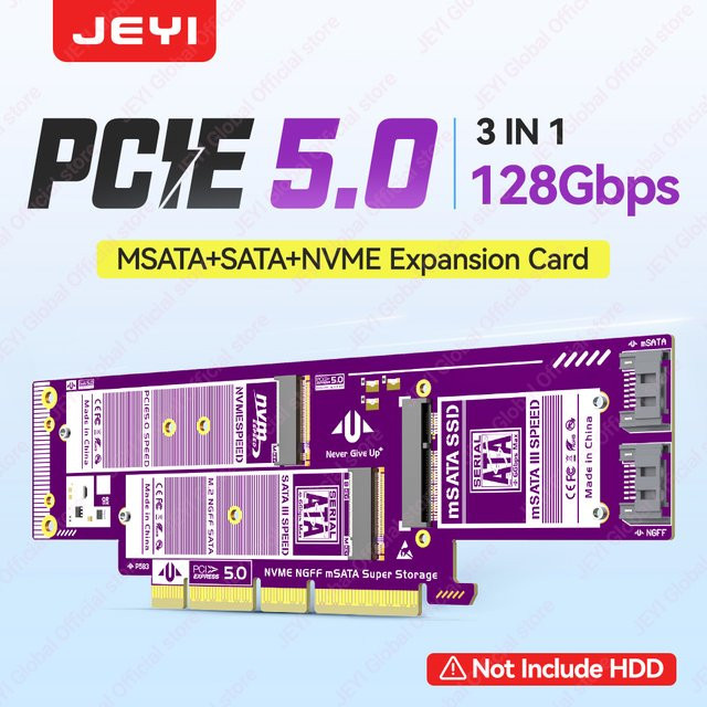 JEYI 3-in-1 Adapterkarte für M.2 NVMe und M.2 SATA SSD zu PCIe und SATA III/mSATA Konverter - Bild 1