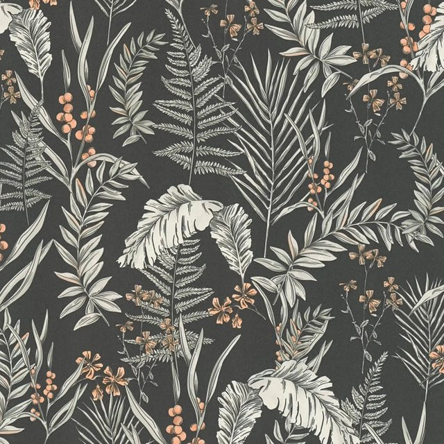PROFHOME Floral Tapete Blumenmuster Matt in Schwarz Weiß Orange, Breite: 0,53 m, Länge: 10,05 m - Bild 1