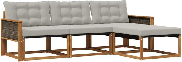 vidaXL Outdoor-Sofagarnitur L-Form aus Akazienholz mit Textilene und Kissen in Braun und Grau - Bild 1