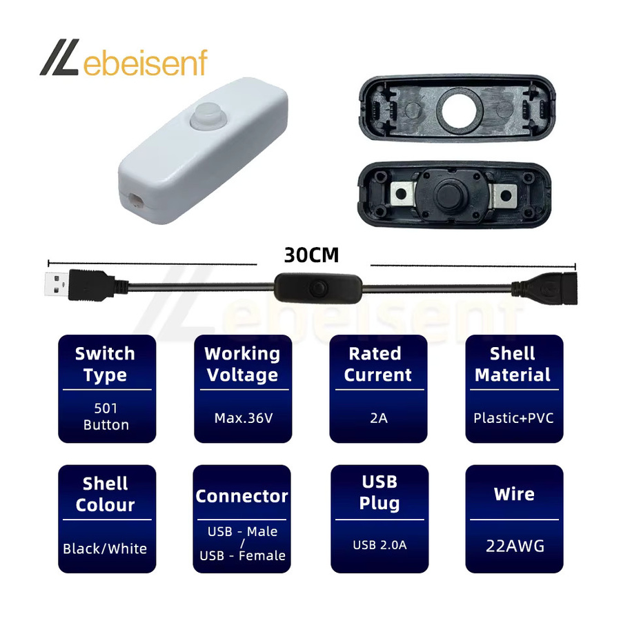 Lebeisenf USB Inline Ein/Aus-Schalterkabel Schwarz, 5V 2A USB-Kabel (Stecker auf Buchse) für LED-Streifen und Schreibtischlampen - Bild 2