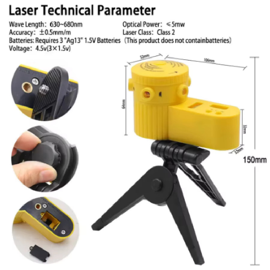Multifunktionales 4-in-1 Laser-Nivelliergerät mit drehbarem Stativ und Wasserwaage in Silber-Gelb - Bild 3