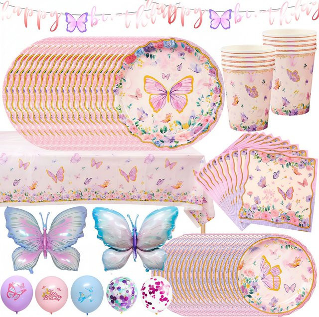 Potdemiel Partygeschirr Set mit Schmetterlings- und Blumenmuster in Pink aus Papier für Babypartys und Geburtstage - Bild 1