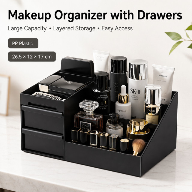 Meltset Kosmetik-Organizer aus Kunststoff in Schwarz und Weiß mit Schubladen für den Schreibtisch, Badezimmer und Schminktisch, B/T/H: 26,5 x 17,0 cm - Bild 1