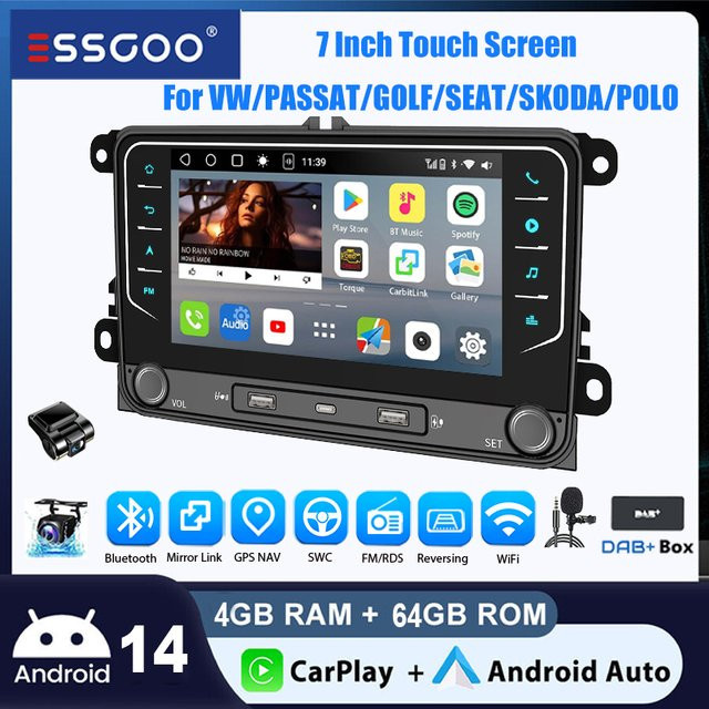 ESSGOO Android 14 Auto Stereo Radio mit 7 Zoll Display, 4 GB RAM + 64 GB Speicher, Carplay, GPS, Bluetooth und WiFi für VW Golf 5 6 Plus, Touran, Caddy, Jetta, Passat, Polo, T5, Rabbit in Schwarz - Bild 1