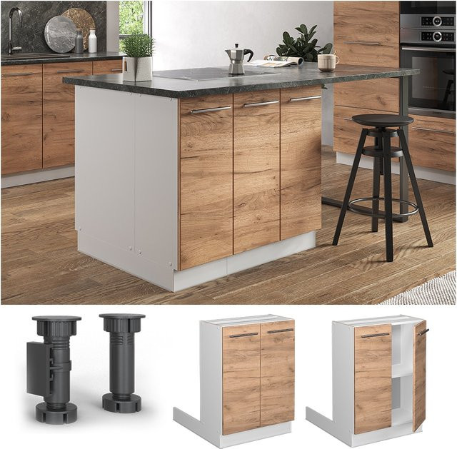Vicco Küchenunterschrank Fame-Line für Kücheninseln in Weiß und Eiche mit Goldakzenten, Breite: 60 cm - Bild 1