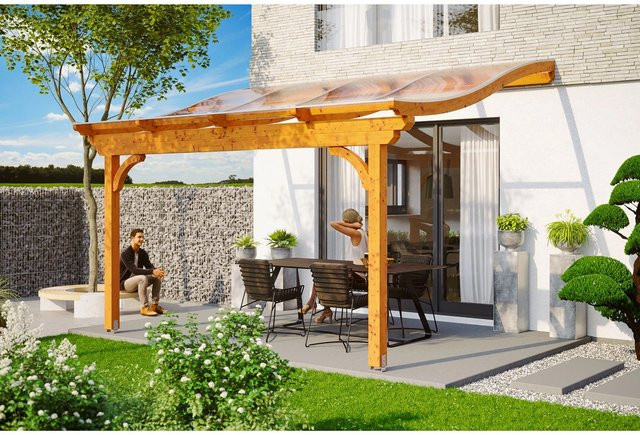 Skan Holz Terrassenüberdachung Verona aus Leimholz in Eiche hell mit Polycarbonat-Dach, B/T: 434 x 389 cm - Bild 1