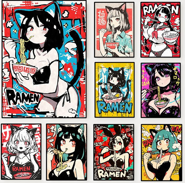 Potdemiel Anime-Poster mit Katzenmädchen und Ramen-Nudeln, Mehrfarbiges Wandbild aus Papier, Durchmesser: 20 cm - Bild 1