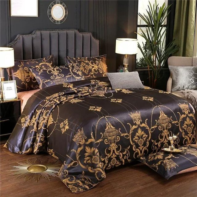 Bin Chi Textiles Luxus Satin Jacquard Bettwäsche Set mit floralem Muster in Schwarz, 3-teilig - Bild 1