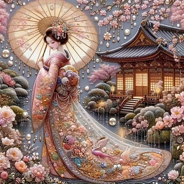 CHENISTORY 5D Diamant Mosaik DIY Malerei Japanisches Frauen Porträt mit Rundsteinen in Multicolour, B/B/H: 25 x 25 x 25 cm - Bild 1