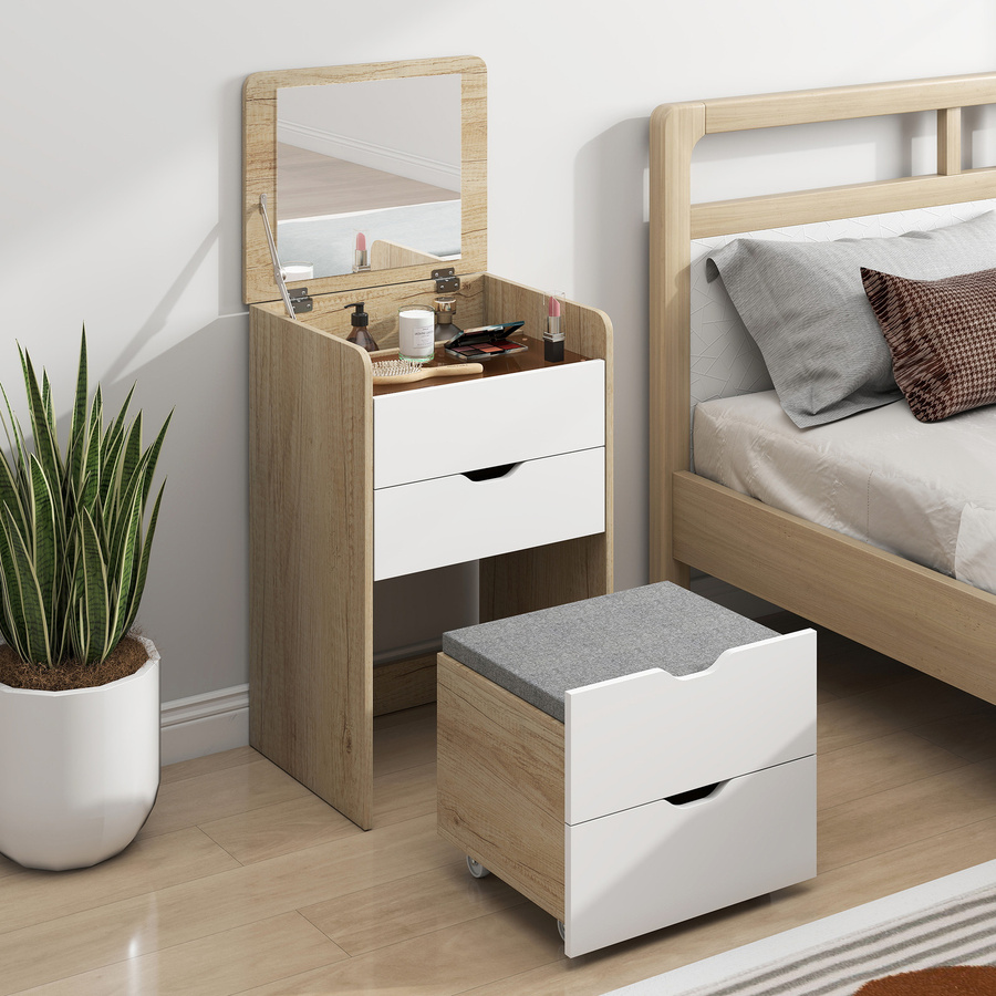 HOMCOM 3-in-1 Schminktisch mit klappbarem Spiegel, versenkbarem gepolstertem Hocker auf Rollen, 3 Schubladen und Glasplatte in Rovere und Weiß - Bild 2